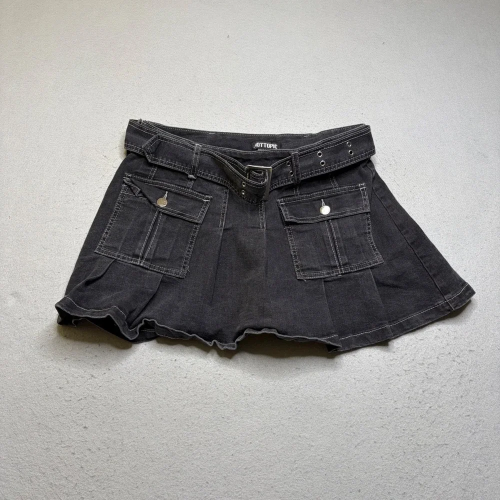 Hot Topic Mini Skirt Womens LG Black Denim Belted Pleated Y2K Contrast Stitch